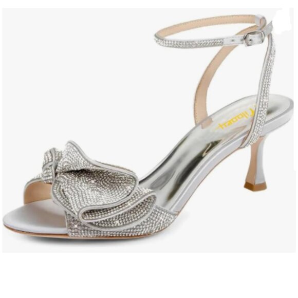 Milooey shoes Silver Glitter Rhinestone Bow High Heel Crystal Ankle Strap Sandal - Picture 1 of 8